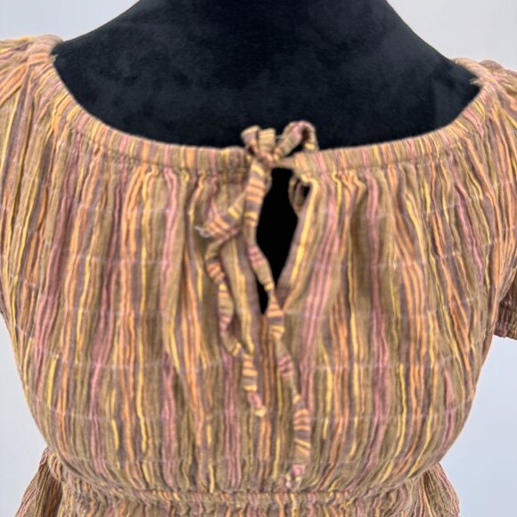 Free People Vivi‎ Smocked Peasant Top Womens M Milk maid Tie Blouson Puff Sleeve - Picture 5 of 7